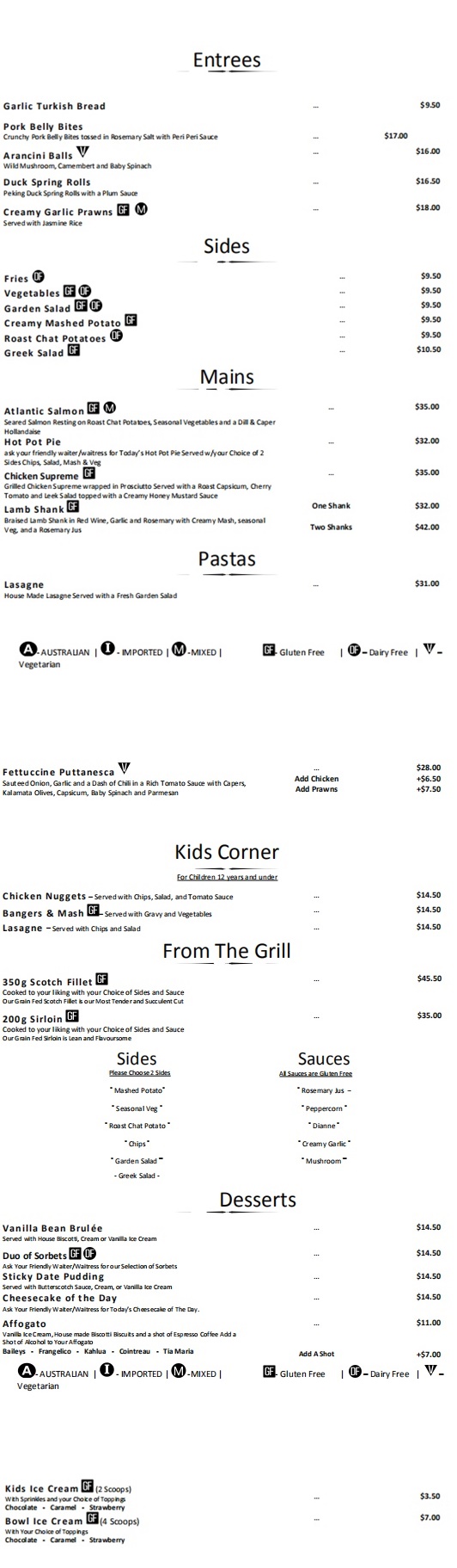 Dubbo Restaurant A La Carte Menu