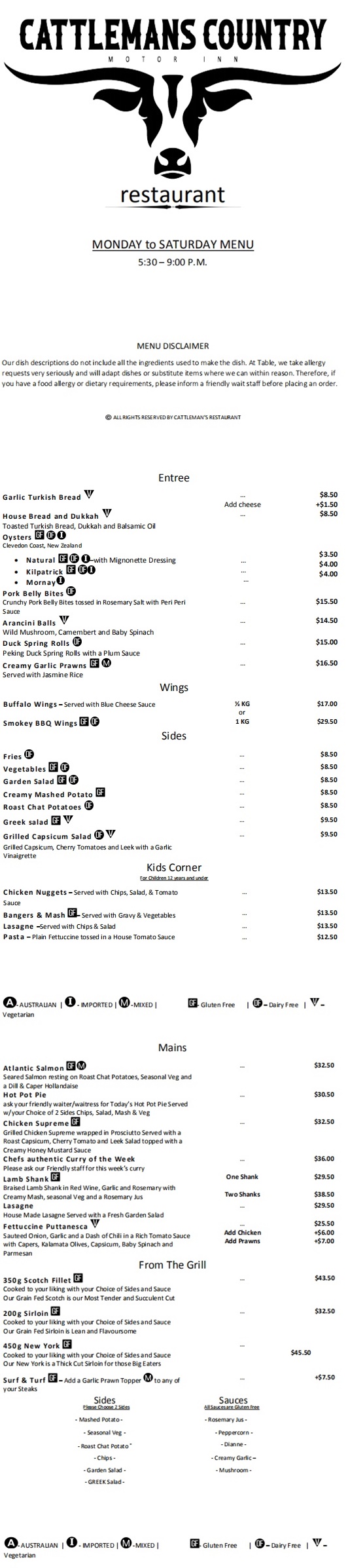 Dubbo Restaurant A La Carte Menu